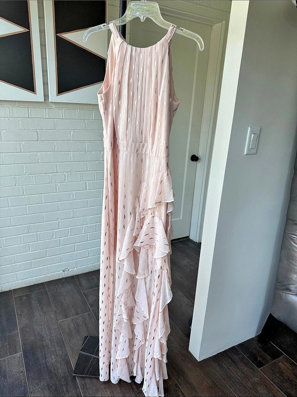 Betsy & Adam Metallic Front Ruffle Slit Halter Neck Sleeveless Gown Metallic